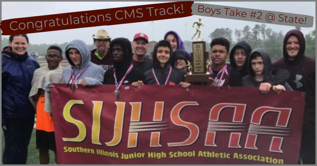 CMS Boys Track Team with Trophy at State May 2019