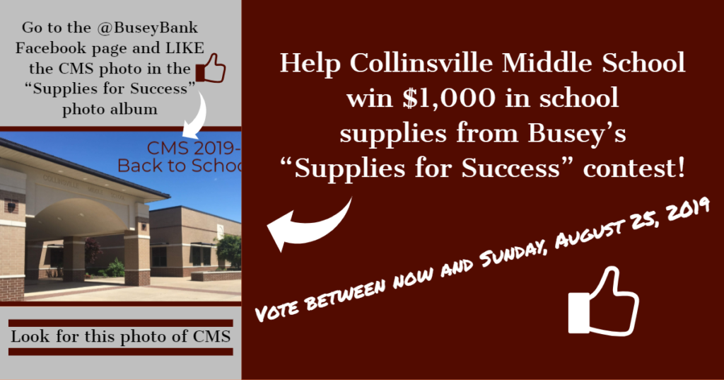 Vote for CMS in Busey Bank's 2019 Supplies for Success Contest