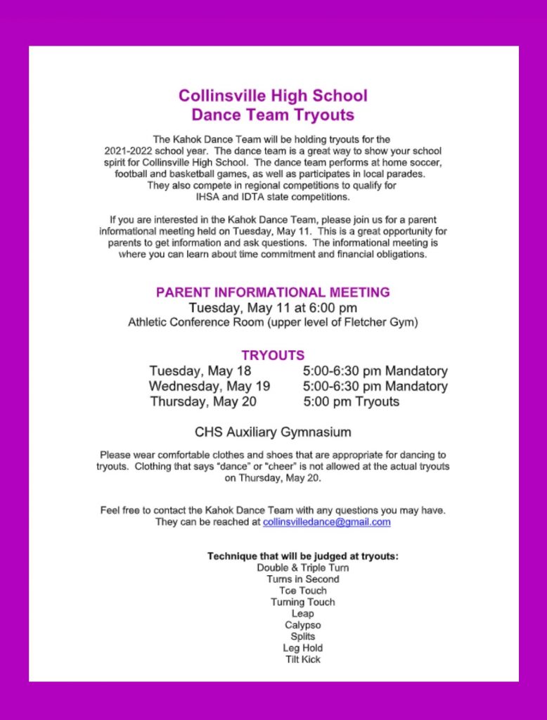 Flyer for 2021-22 Kahok Dance Team Tryouts
