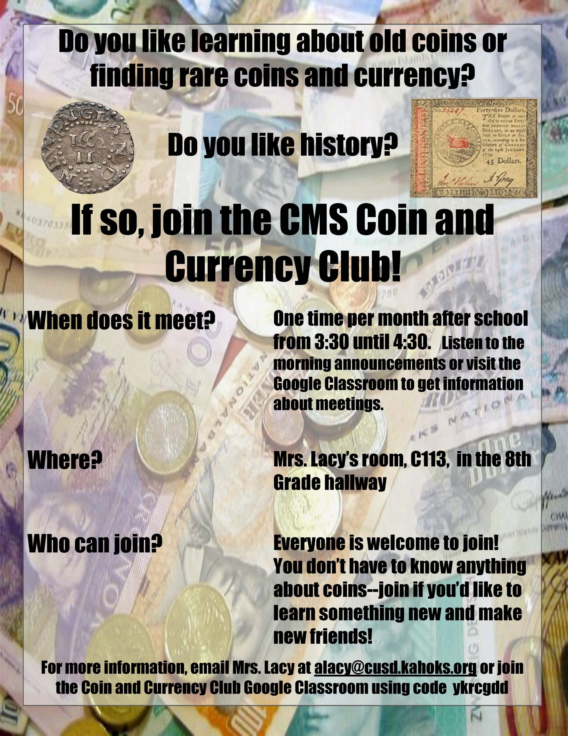 Flyer for CMS Coin Club 21-22