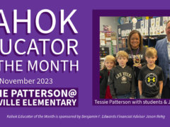 Nov 2023 Kahok Educator of the Month Tessie Patterson with students and Jason Rehg