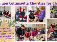 Collage of photos from 2023 Collinsville Charities for Children shoe distribution event