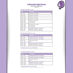 Collinsville High School finals schedule for first semester of the 23-24 school year