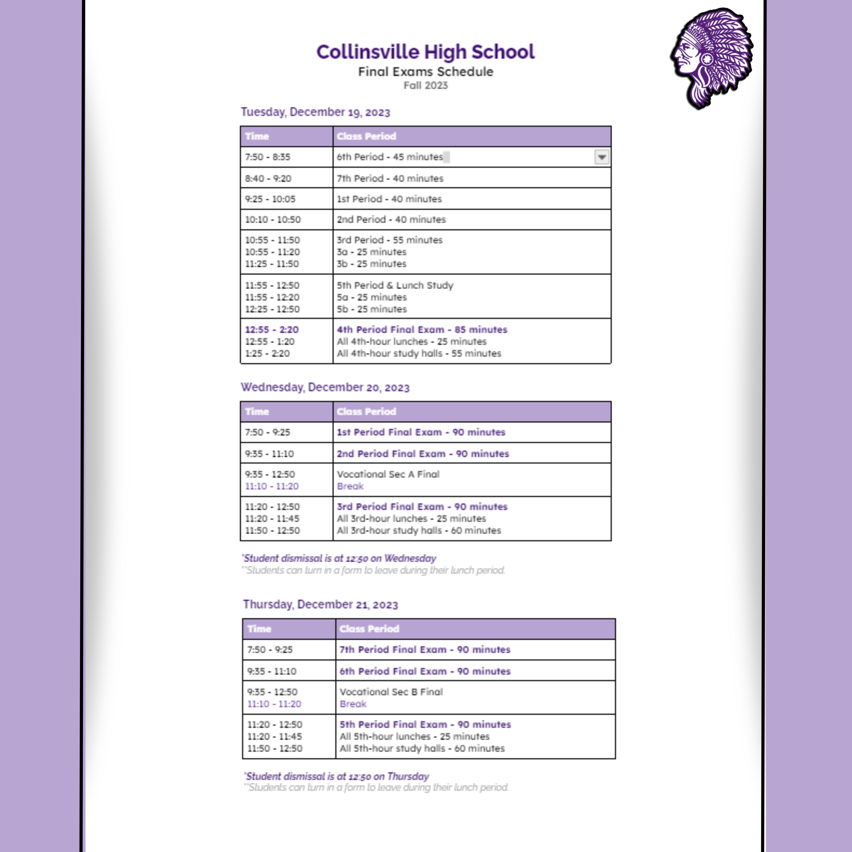 Collinsville High School finals schedule for first semester of the 23-24 school year 